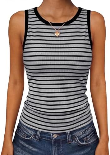 Narrow grey and black stripes run across a soft ribbed knit tank finished with gathered side ruching.