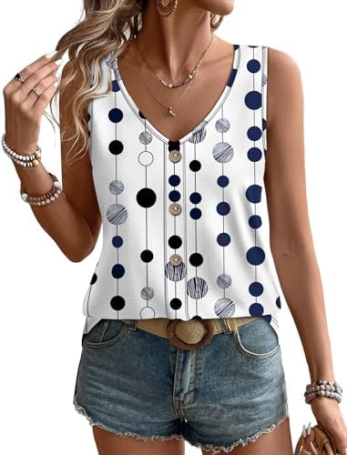 A geometric black circular print covers this airy V-neck tank, cut loose with embroidered eyelet accents for warm afternoons.