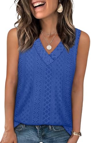 Sleeveless eyelet detailing in saturated Klein blue pairs a soft V-neckline with a loose, packable knit cut for warm days.