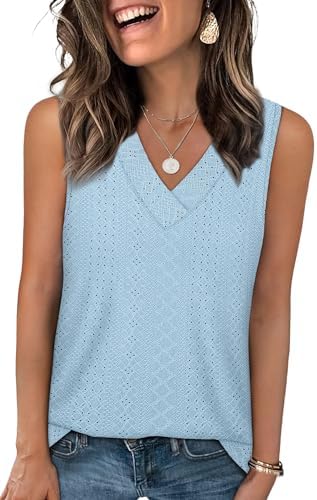 Cut in cool light blue with textured eyelet stitching, this airy V-neck tank brings crisp color to sunny afternoons.
