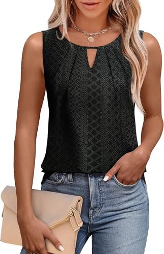 A small front keyhole and soft pleats give this black summer tank a clean, polished line that tucks neatly or hangs loose.
