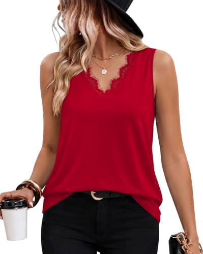 A vivid red sleeveless top with delicate front lace along the V-neck and an easy curved hem cut for warm summer afternoons.