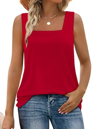 A bright red tank with a framed square neckline and a curved hem that sits easily over denim shorts or tucked skirts.