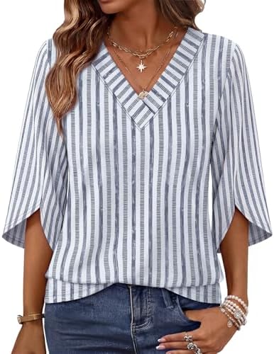 Cool blue stripes run across this airy V-neck blouse, finished with slit three-quarter sleeves for easy desk-to-dinner wear.