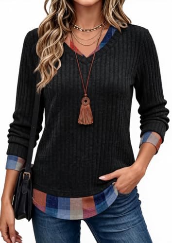 Ribbed black knit meets a crisp plaid insert along the V-neckline to give you a smart layered look without extra fabric bulk.