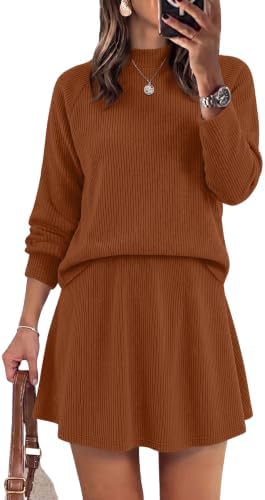 Soft caramel knit pairs a neat mock neck sweater with an easy high-waisted A-line skirt for cool weather plans.