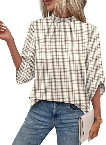 Fine brown stripes lend a grounded look to this mock-neck blouse with gentle front pleats and breezy petal sleeves.