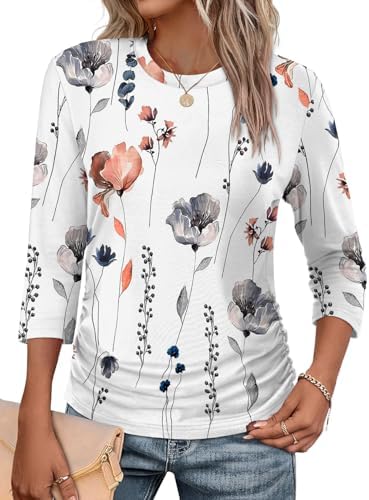 Gathered side ruching gives this floral white top a soft drape, cut with three-quarter sleeves and a neat curved hem.