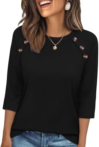 Decorative buttons line the shoulder on this soft crewneck tee, finished with three-quarter sleeves for warm spring and summer days.