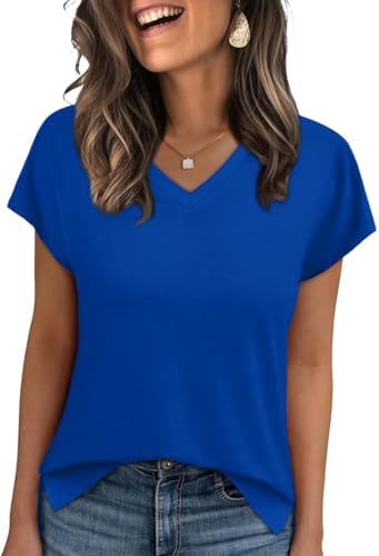A cool blue knit tee with an open V-neckline and split side seams that drape neatly over denim or shorts.