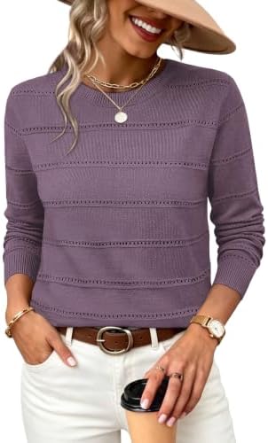 Open eyelet stripes run through this rich purple knit sweater, finished with a classic scoop neck for cool weather layering.