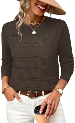 Delicate eyelet stripes bring breezy texture to this rich chocolate brown knit sweater with a clean scoop neckline.