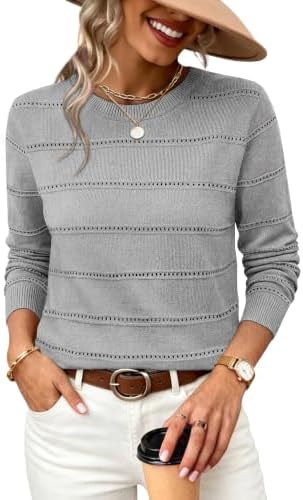 Delicate eyelet stripes bring subtle texture to this heather grey lightweight knit sweater with a classic scoop neckline.