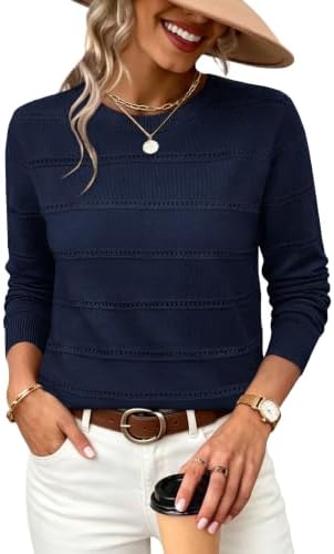 Openwork eyelet stripes cut through deep navy blue knit, giving this lightweight long sleeve layer texture and quiet contrast.
