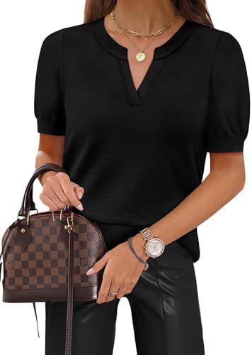 A fine-gauge black knit with a neat V-neckline and short sleeves, cut with slight stretch for everyday desk and travel wear.
