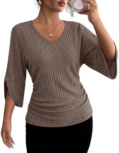 A ribbed knit blouse with a deep V-neck, relaxed batwing cut, and three-quarter sleeves with subtle side slits in warm khaki.