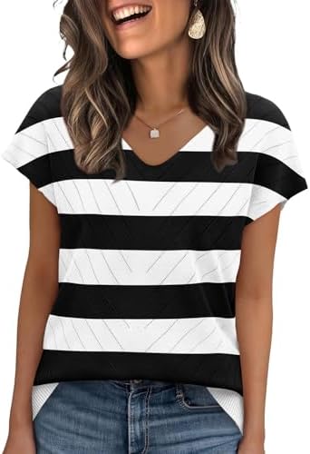 Crisp black and white stripes sharpen this lightweight sweater knit, cut with cap sleeves and a tidy V-neck for warm days.