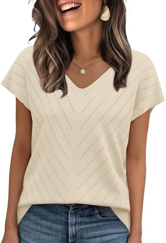 A soft lightweight knit top in warm apricot white, featuring a gentle V-neck, tidy cap sleeves, and a subtle ribbed hem.