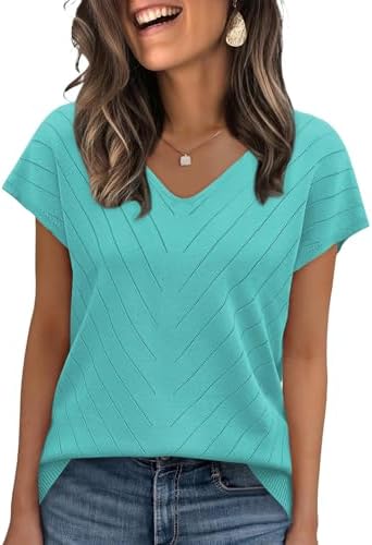 Knitted in a cool aqua tone, this lightweight sweater top features a neat V-neckline and breezy cap sleeves for warm days.