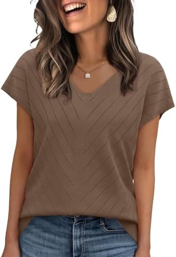 Rich chocolate brown knit brings warm tone and breathability to an open V-neck pullover with fine ribbed edges.
