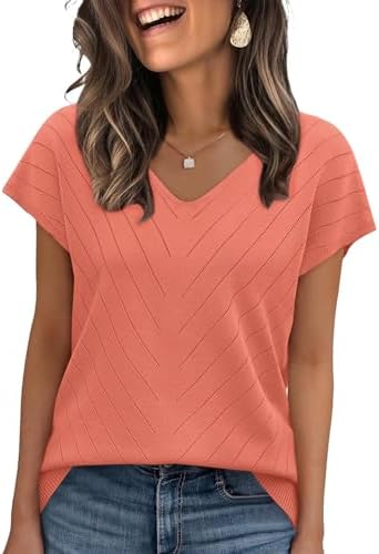A lightweight fine-gauge knit in bright coral, finished with tidy cap sleeves and a clean V-neck for warm days.