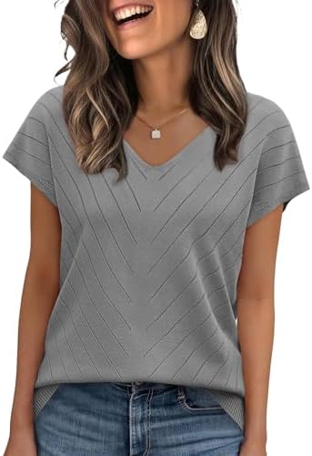 Soft heather gray knit with delicate crochet texture, a clean V-neck, and cap sleeves designed for easy workday layering.