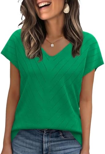 A cool green knit cut with cap sleeves and a clean V-neckline gives this lightweight sweater an airy feel on warm days.