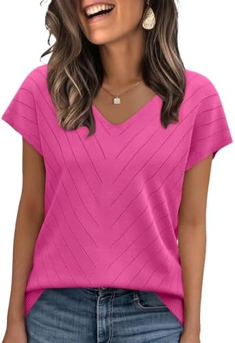A vivid hot pink knit top cut with a relaxed V-neck, tidy cap sleeves, and a delicate textured stitch for warm sunny days.