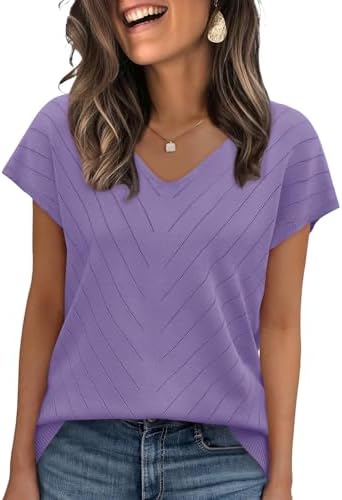 Soft lavender fine-gauge yarn shapes this cap-sleeve summer sweater with an open V-neck and neat ribbed hem.