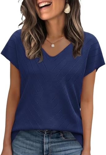 A fine navy knit with short cap sleeves and subtle crochet detailing across the body, finished with a classic V-neck.