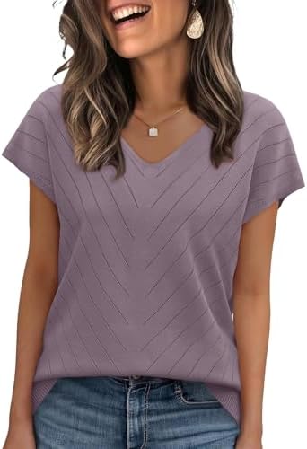 Lightweight purple knit with a soft V-neck and crochet texture brings an easy pop of saturated color to everyday outfits.