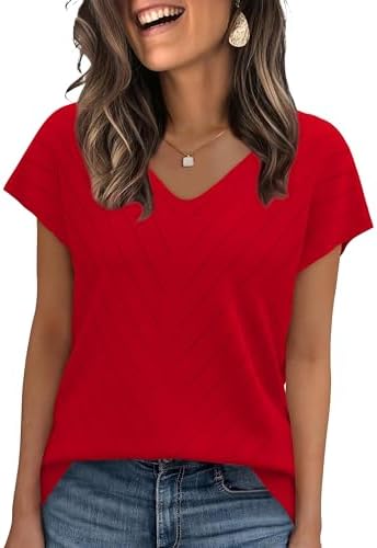 Bright red knit tops off your summer outfits with a breezy V-neck cut and tidy ribbed borders for clean warm-weather dressing.