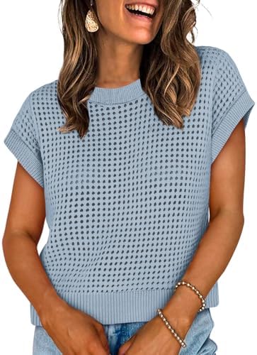 A soft crochet knit top with openwork stitch detail, cap sleeves, and a classic crew neck in cool summer blue.