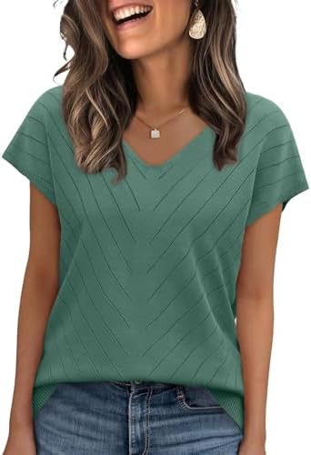 A soft lightweight knit top in dark green, finished with neat cap sleeves, a V-neck, and delicate crochet ribbed trims.
