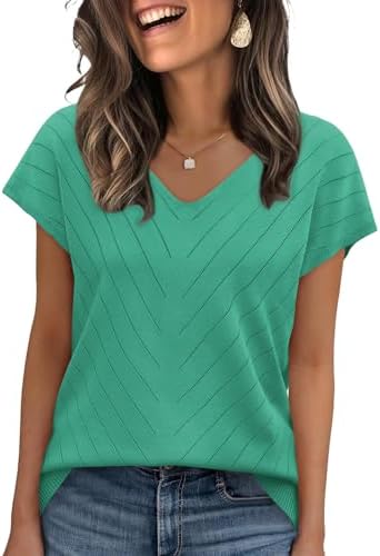 A cool lake green fine knit top with cap sleeves and a gentle V-neckline that pairs easily with tan trousers or summer denim.