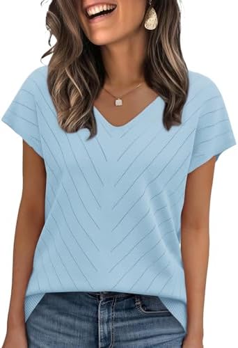 A breezy V-neck sweater knit in light blue with cap sleeves and a neat ribbed hem for warm days.