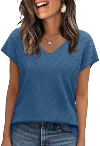 A lightweight fine-gauge knit in muted steel blue, finished with soft cap sleeves and a gentle V-neckline.