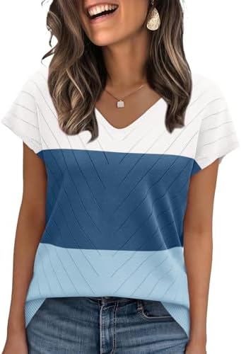 Cool tones meet breathable texture in this lightweight color block knit, finished with a neat V-neck and ribbed hem.