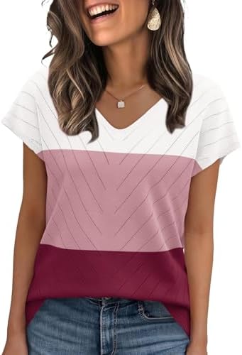 A soft lightweight knit top pairing crisp white with muted pink and deep wine blocks across an easy V-neck cut.