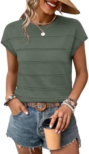 A soft green knit sweater top textured with open eyelet stripes, cut with cap sleeves and a classic scoop neckline.