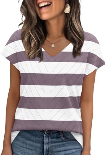 A crisp white and purple striped knit top featuring a neat V-neckline, light cap sleeves, and textured ribbed trim.