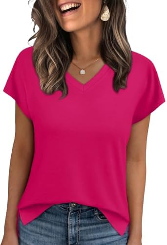 Drenched in saturated hot pink, this breezy V-neck tee features split side hems and easy cap sleeves for warm afternoons.