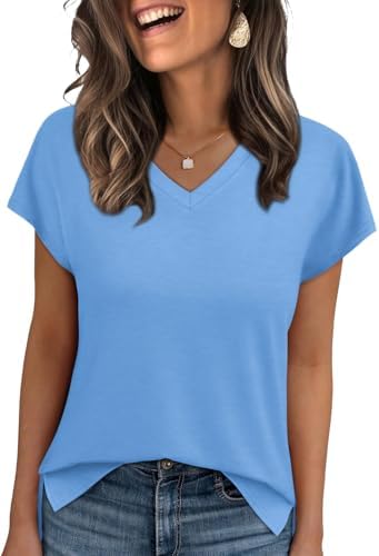 A breezy sky blue tee cut loose through the torso, finished with soft cap sleeves and a gentle V-neckline.