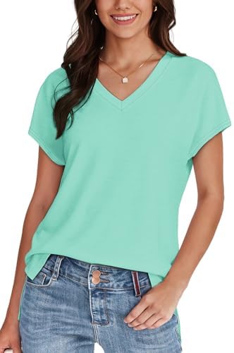 A crisp aqua wash pairs with an open V-neck and neat cap sleeves for bright, breathable warm-weather wear.