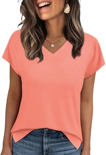 Dyed in a bright warm coral, this light knit tee features neat cap sleeves, a clean V-neck, and side split hems.