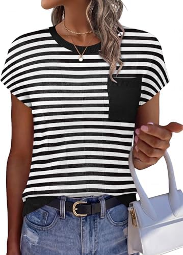 A lightweight striped knit top with breezy cap sleeves, a neat chest pocket, and a loose silhouette for warm summer days.