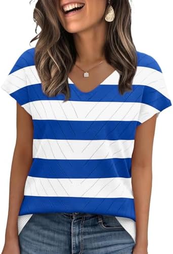 Crisp blue stripes run across this lightweight knit sweater, cut with cap sleeves and a gentle V-neck for warm days.
