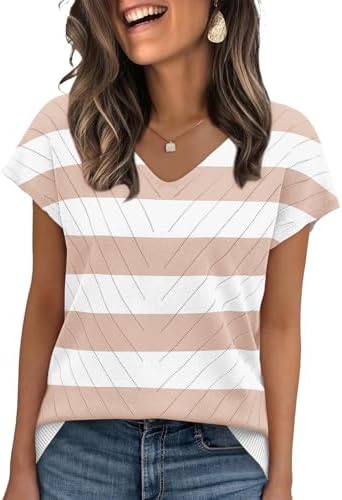 Slender pink and white stripes give this breathable summer knit sweater an airy, neat look for warm workdays and weekends.