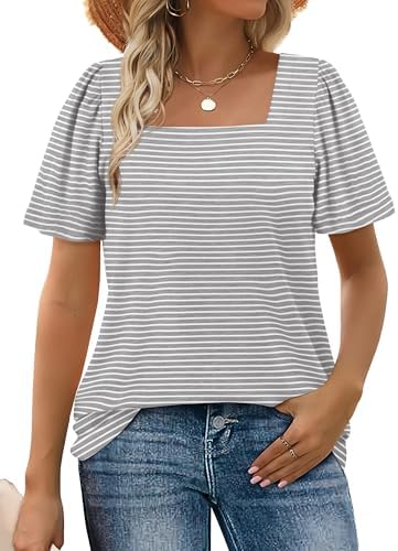 Grey striping across a square neck gives this puff-sleeve top a neat, coastal look for warm afternoons.