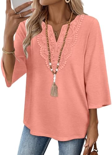 Bright coral knit paired with an airy lace front panel makes this easy three-quarter sleeve top an instant warm-weather pick.